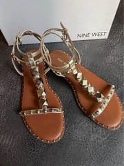 NINE WEST MARCILA3 STUDDED ANKLE STRAP SANDALS - GOLD - image blurred placeholder