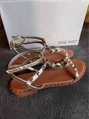 NINE WEST MARCILA3 STUDDED ANKLE STRAP SANDALS - GOLD - image blurred placeholder