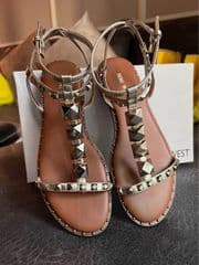 NINE WEST MARCILA3 STUDDED ANKLE STRAP SANDALS - GOLD - image blurred placeholder