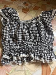 Doll-style lace-trimmed top, cinched waist, plaid fabric - image blurred placeholder