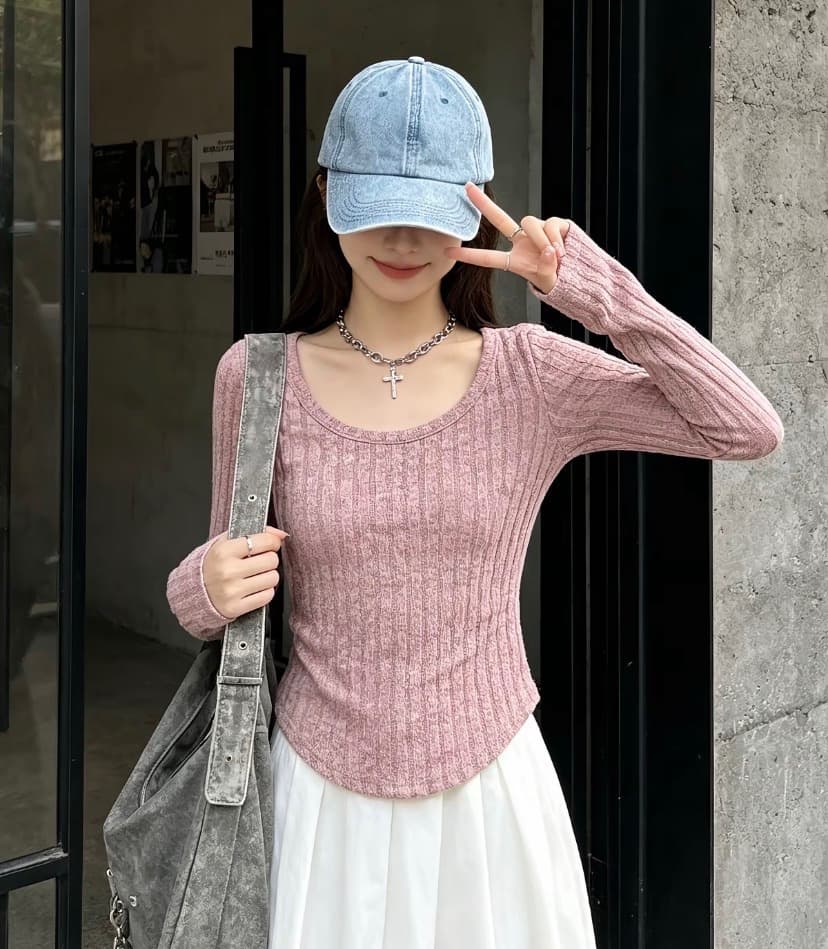 Women's Long Sleeve Fitted Top, Ribbed Knit Fabric, Soft Material