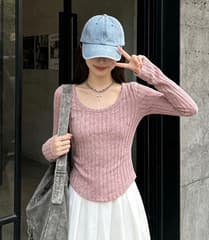 Women's Long Sleeve Fitted Top, Ribbed Knit Fabric, Soft Material - image blurred placeholder