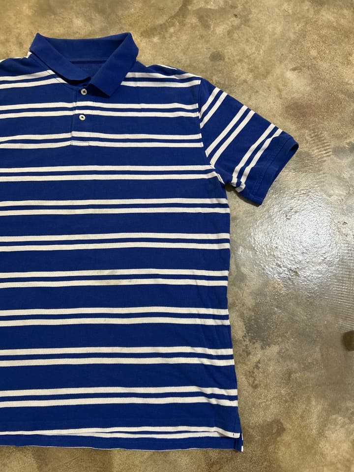 เสื้อคอปกสีฟ้าตัดขาว เนื้อผ้าดีไม่บาง ไซส์ XL-2XL