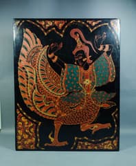 Античная бирманская лаковая картина-панно, линейный рисунок «Танец киннари» - image blurred placeholder