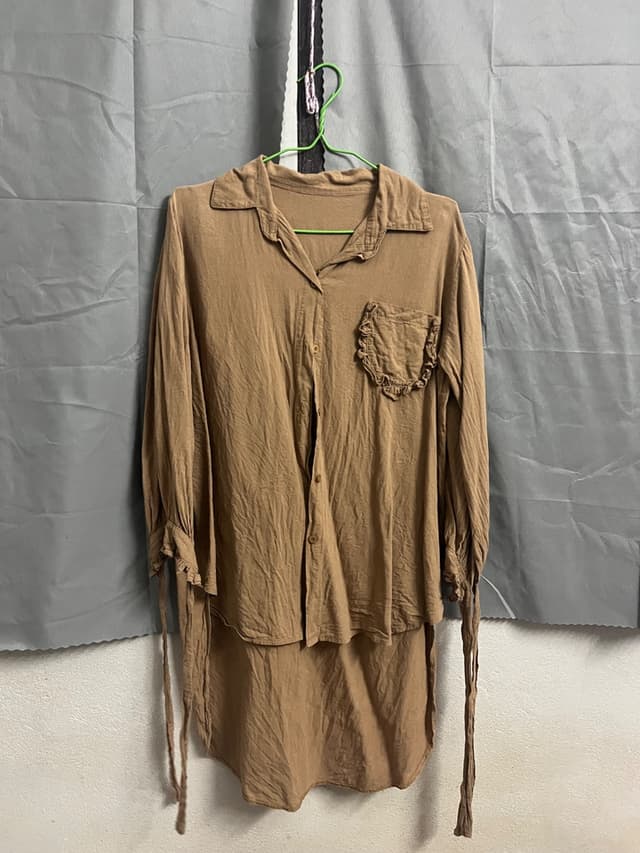 Short Front Long Back Shirt with Tie Bow Sleeves