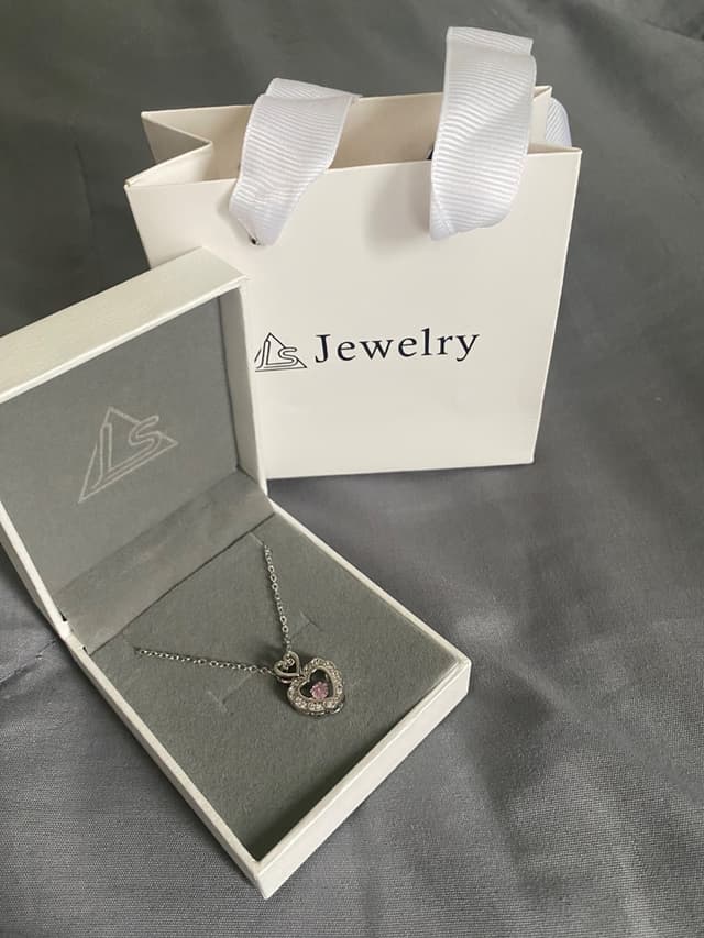 LS Jewelry Heart Pendant Necklace, Silver Color, Pink Diamond Accent