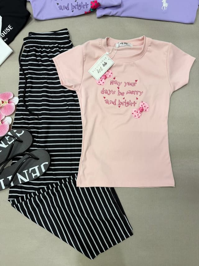 Bow-Detail T-Shirt Set, 3 Colors, with Striped Long Pants
