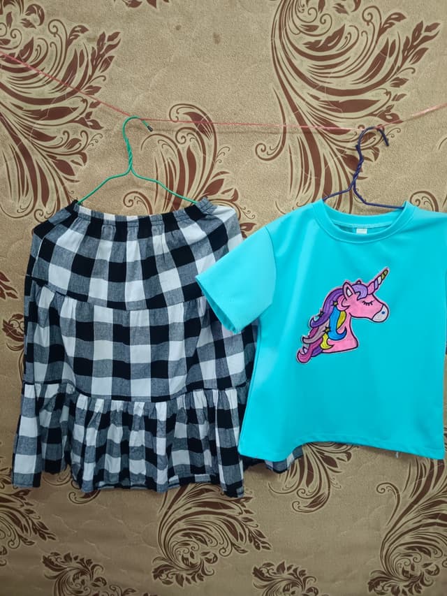 Pastel Blue Shirt Set with Pony Print and Black and White Checkered Skirt