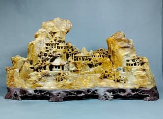 Ancient Chinese Style Carved Stone Artwork, Landscape Pattern - image blurred placeholder