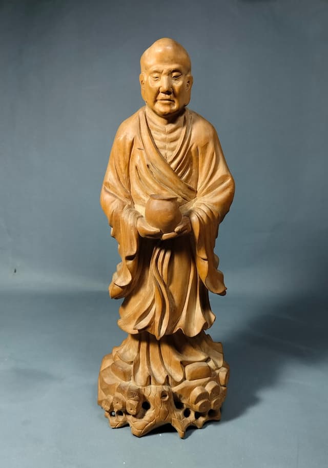 Ancient Japanese Art Wooden Carving of a Buddhist Monk Holding an Alms Bowl