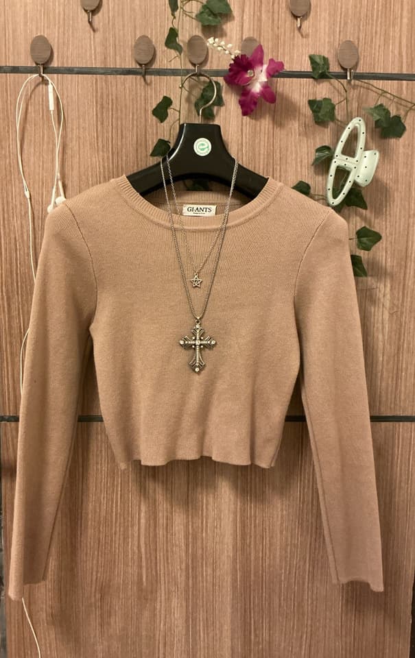Beige-Tone Long-Sleeve Knitted Crop Top GI-ANTS (Designed in Korea)
