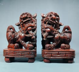 Pair of Chinese Lions, Antique Carved Wood Artwork - image blurred placeholder