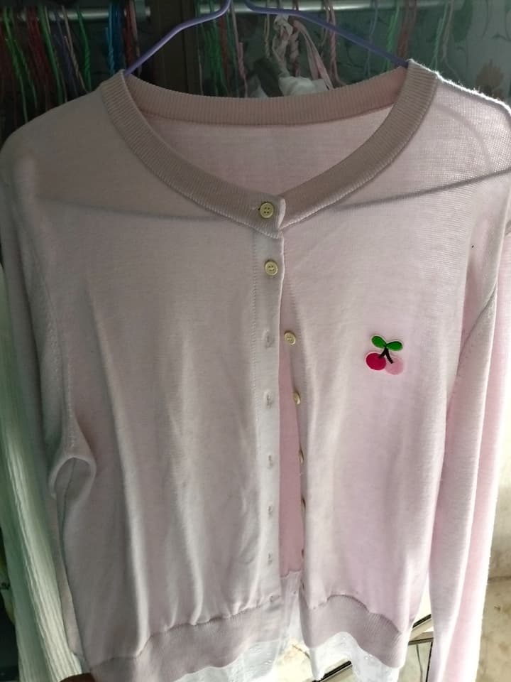 Pastel Pink Long-Sleeve Cherry Pattern Knit Cardigan