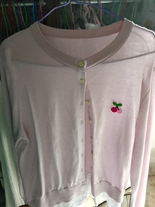 Pastel Pink Long-Sleeve Cherry Pattern Knit Cardigan