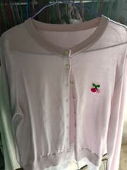 Pastel Pink Long-Sleeve Cherry Pattern Knit Cardigan - image blurred placeholder