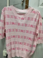 Cute Pink-and-White Striped Knit Sweater with Three-Quarter Sleeves and Star Pattern - image blurred placeholder