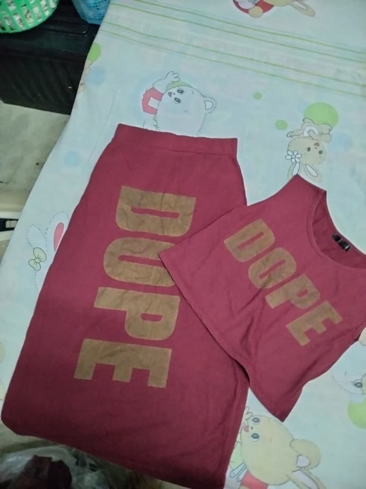 Burgundy Sleeveless Top and Skirt Set with Gold "DOPE" Print