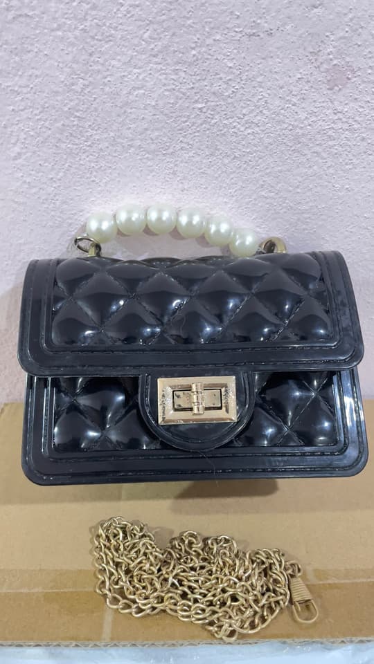 Mini Crossbody Jelly Bag, Glossy Black, Checkered Pattern, Pearl Handle, Gold Chain Strap [Free Shipping Included]