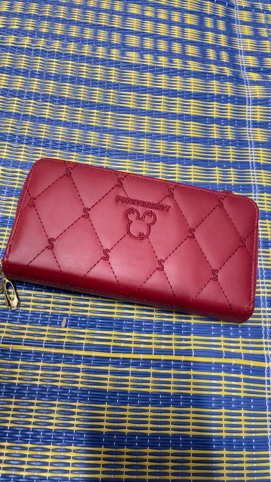 FOREVERBEST Red Long Wallet with 2 Zippers, Mickey Design, Top Handle, Convertible to Shoulder Bag