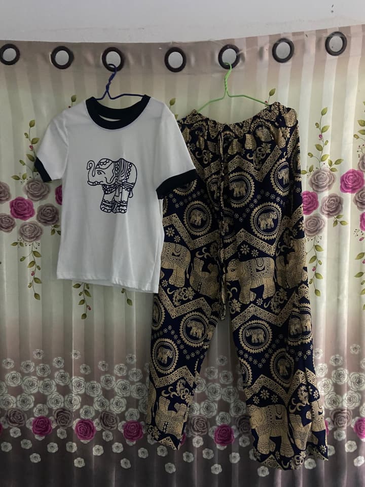 Set with a White Elephant-Print Shirt and Blue Elephant-Print Long Pants