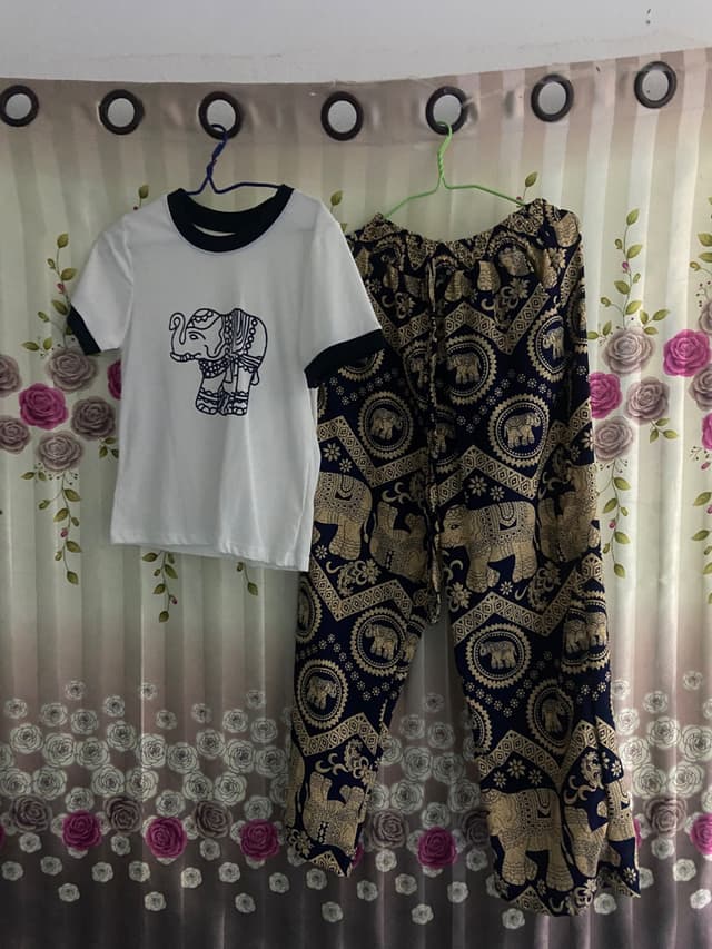 Set with a White Elephant-Print Shirt and Blue Elephant-Print Long Pants