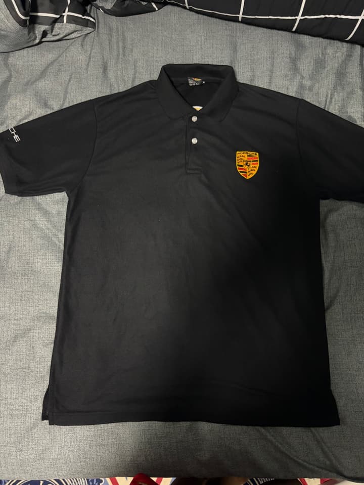 Black Porsche Polo Shirt with Embroidered Logo on Front and Back, 100% Genuine