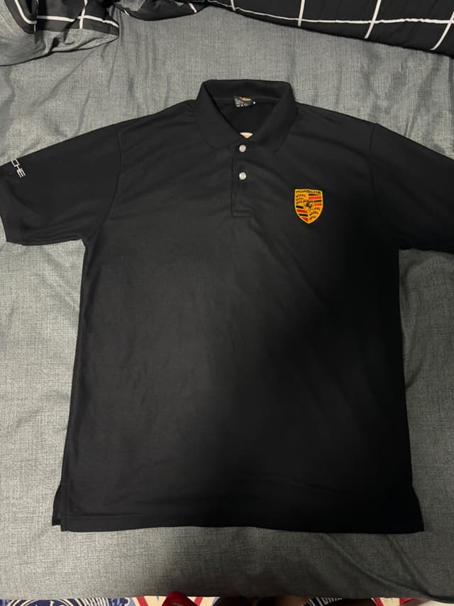 Black Porsche Polo Shirt with Embroidered Logo on Front and Back, 100% Genuine