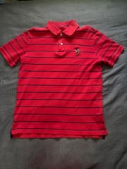 U.S. POLO ASSN. Red polo shirt with horizontal stripes and embroidered logo on the left chest - image blurred placeholder