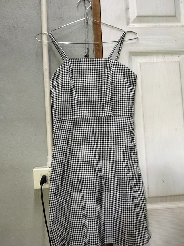 Short Spaghetti-Strap Black-and-White Plaid Dress