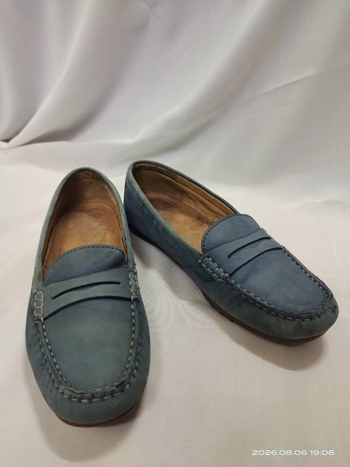 Denim Blue Nubuck Leather Penny Loafers with Soft, Comfortable Soles
