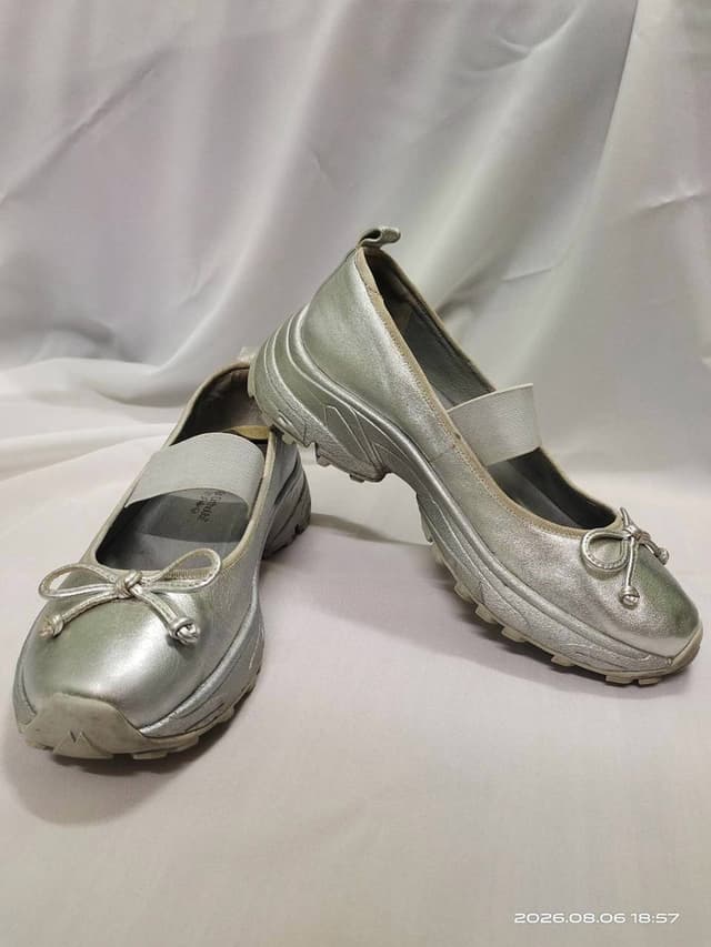 Silver Leather Ballet Flats with Thick Sneaker Sole, Elastic Strap and Bow Detail