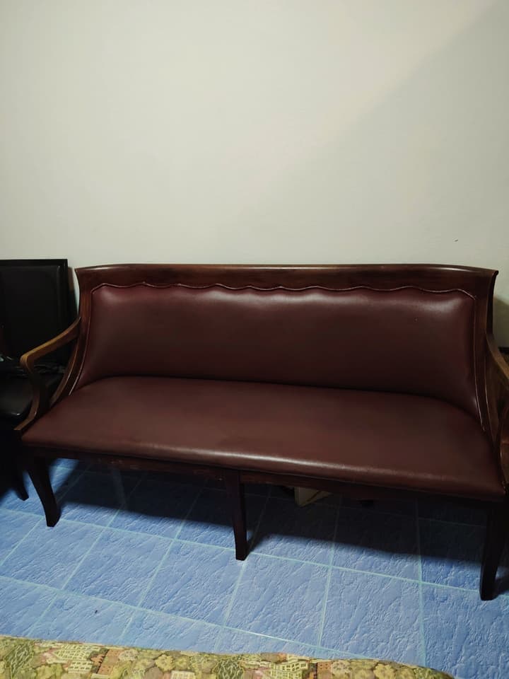 Teak sofa with genuine leather cushion, 24 wide × 67 long