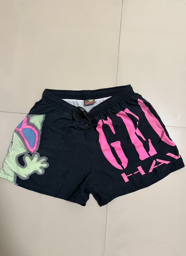 Vintage 80s Gecko Hawaii Black/Pink/Green Swim Shorts, Large, EUC